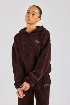 Women CLO-TOP-HS-HOOD-KTW Knit Boxy Embroidered Hoodie - Chocolate