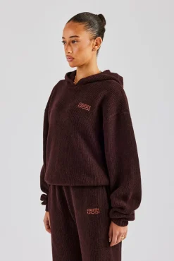 Women CLO-TOP-HS-HOOD-KTW Knit Boxy Embroidered Hoodie - Chocolate