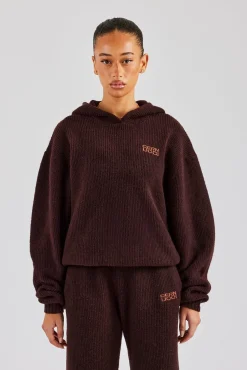 Women CLO-TOP-HS-HOOD-KTW Knit Boxy Embroidered Hoodie - Chocolate