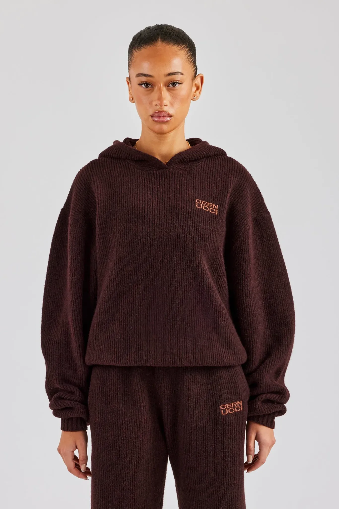Women CLO-TOP-HS-HOOD-KTW Knit Boxy Embroidered Hoodie - Chocolate