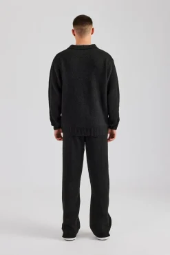 CLO-SET-KTW Knit Collared Sweat & Split Hem Jogger - Black