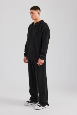 CLO-SET-KTW Knit Collared Sweat & Split Hem Jogger - Black