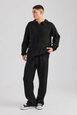 CLO-SET-KTW Knit Collared Sweat & Split Hem Jogger - Black