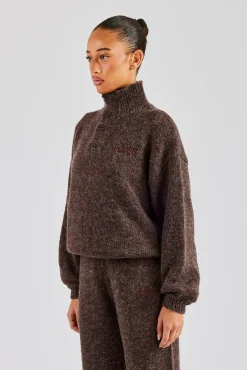 Women CLO-TOP-HS-SWE-KTW Knit Funnel Neck Sweater - Chocolate