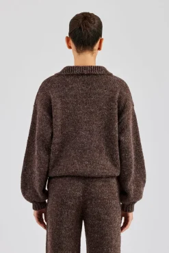 Women CLO-TOP-HS-SWE-KTW Knit Funnel Neck Sweater - Chocolate