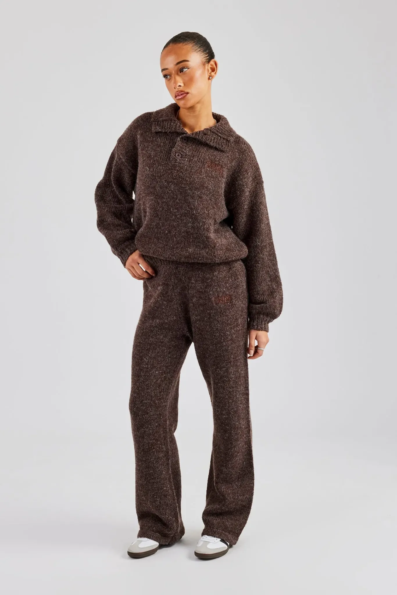 Women CLO-SET-KTW Knit Funnel Neck Tracksuit - Chocolate