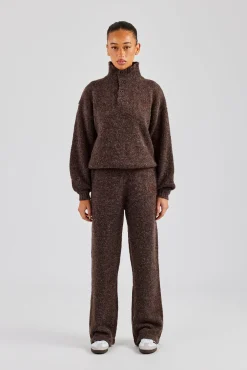Women CLO-BOT-TRO-KTW Knit Wide Leg Embroidered Jogger - Chocolate