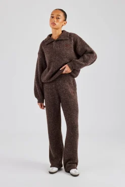 Women CLO-BOT-TRO-KTW Knit Wide Leg Embroidered Jogger - Chocolate