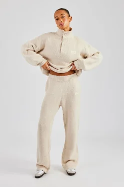 Women CLO-BOT-TRO-KTW Knit Wide Leg Embroidered Jogger - Oatmeal