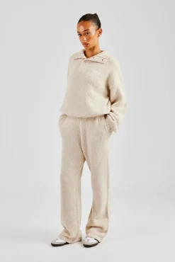 Women CLO-BOT-TRO-KTW Knit Wide Leg Embroidered Jogger - Oatmeal