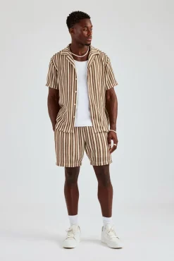 CLO-SET-KTW Knitted Contrast Stripe Revere Shirt & Short Set - Chocolate