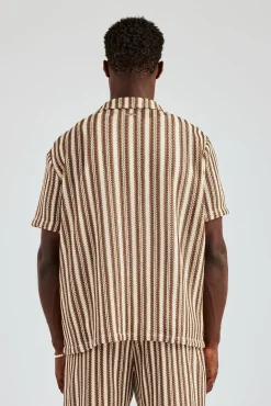 CLO-SET-KTW Knitted Contrast Stripe Revere Shirt & Short Set - Chocolate