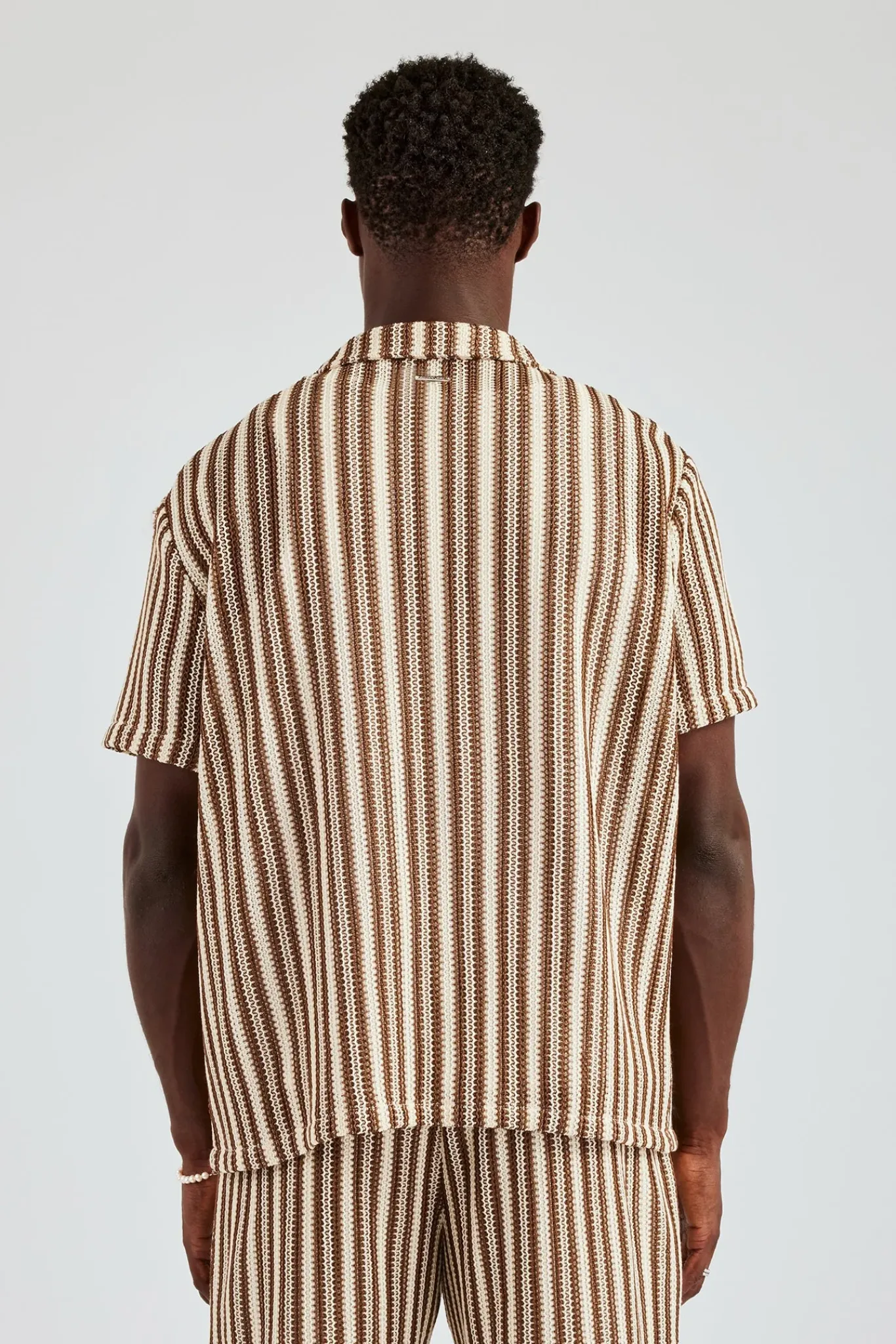 CLO-SET-KTW Knitted Contrast Stripe Revere Shirt & Short Set - Chocolate