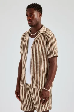 CLO-TOP-SHIR-KTW Knitted Contrast Stripe Revere Shirt - Chocolate