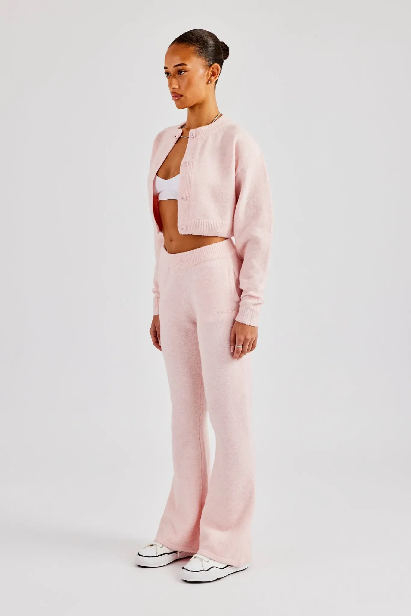 Women CLO-SET-KTW Knitted Cropped Cardigan & Flare Trouser - Baby Pink