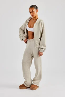Women CLO-BOT-TRO-KTW Knitted Embroidered Wide Leg Jogger - Stone