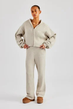 Women CLO-SET-KTW Knitted Embroidered Zip Through Tracksuit - Stone
