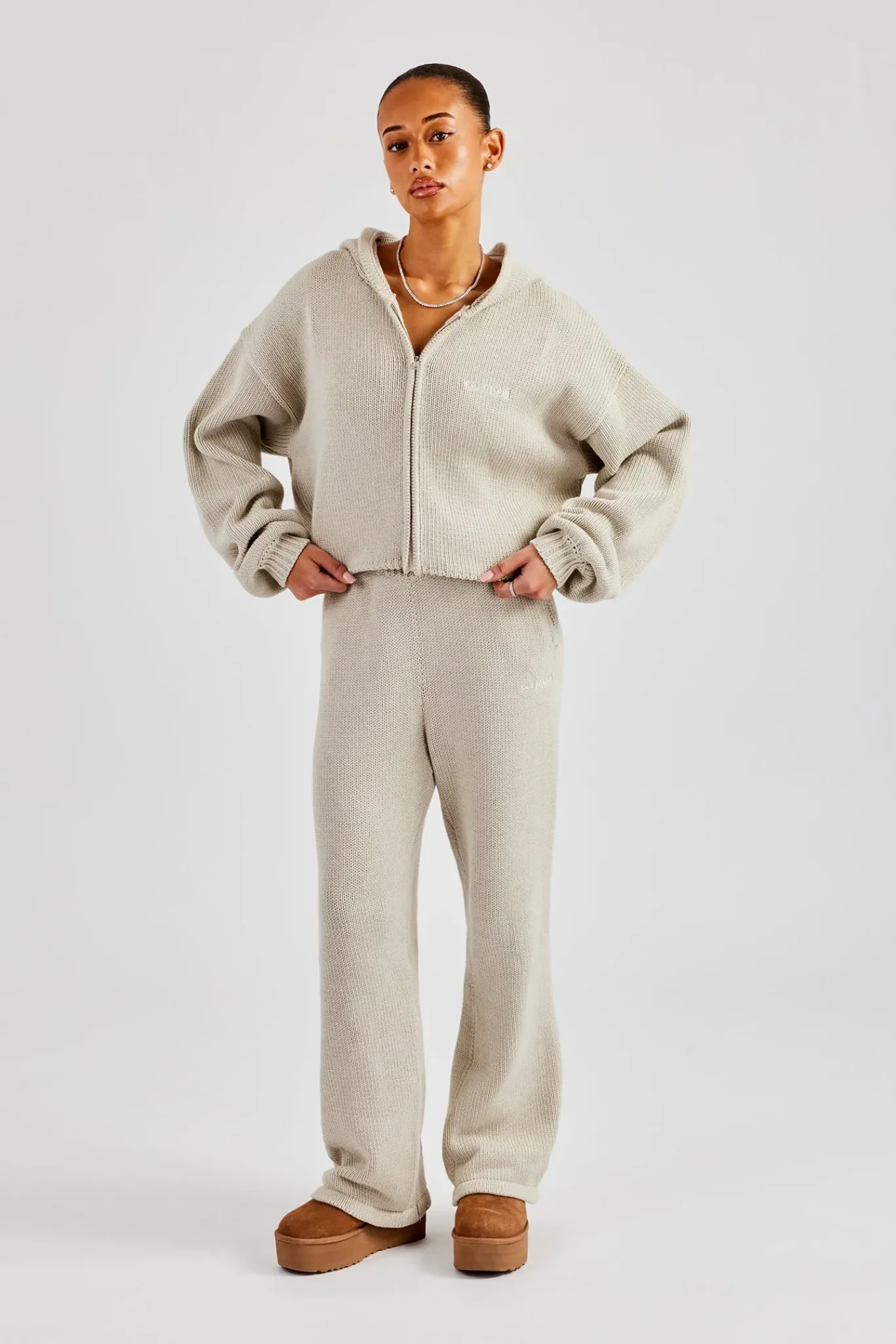 Women CLO-SET-KTW Knitted Embroidered Zip Through Tracksuit - Stone