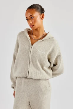 Women CLO-SET-KTW Knitted Embroidered Zip Through Tracksuit - Stone