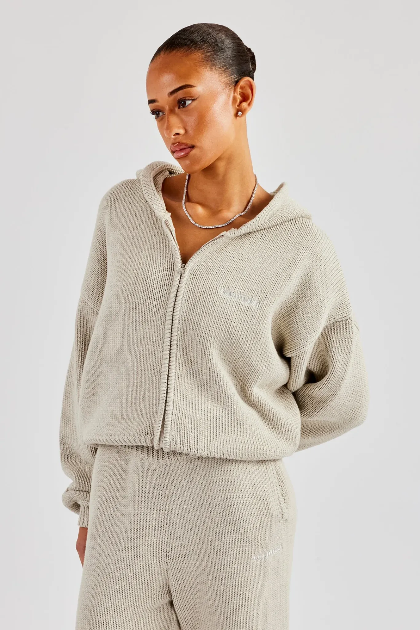 Women CLO-SET-KTW Knitted Embroidered Zip Through Tracksuit - Stone