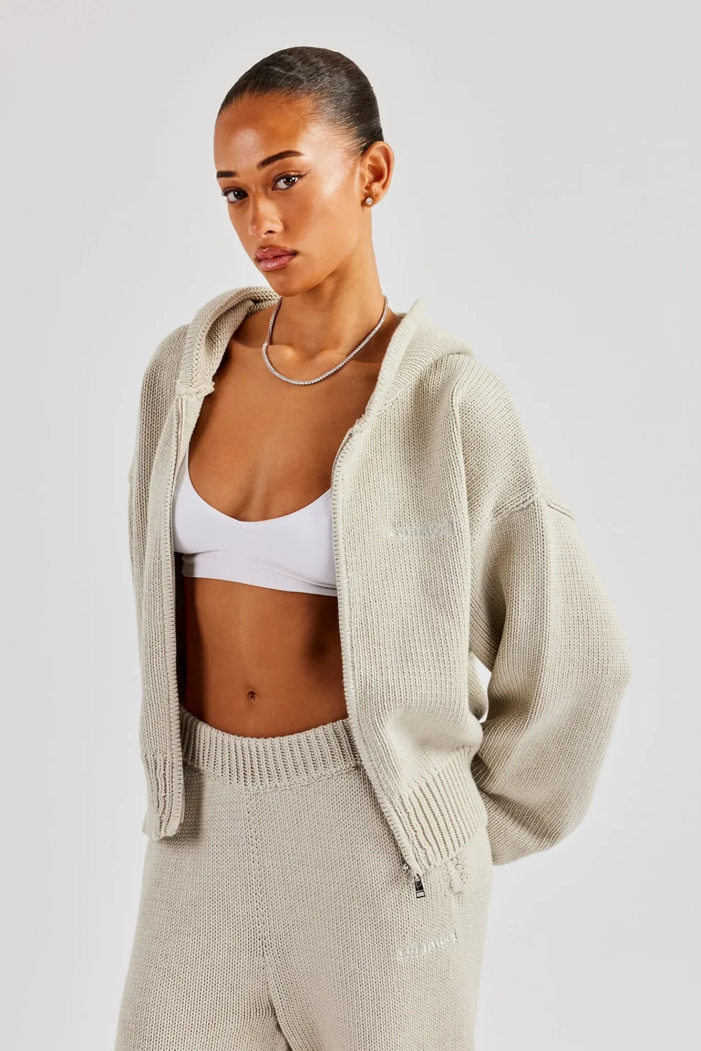 Women CLO-TOP-HS-HOOD-KTW Knitted Embroidered Zip Through Hoodie - Stone
