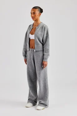 Women CLO-SET-KTW Knitted Zip Bomber & Straight Leg Trouser - Grey
