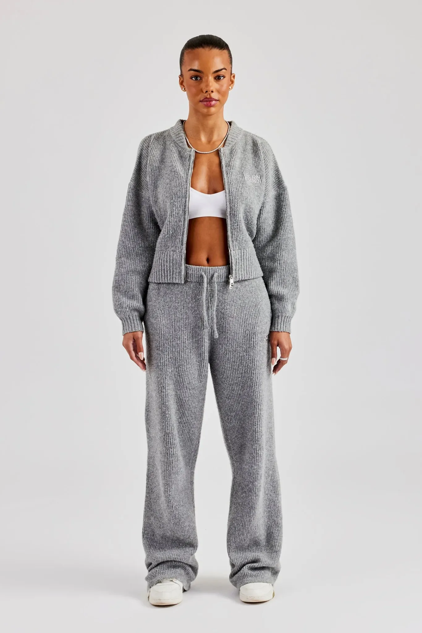 Women CLO-SET-KTW Knitted Zip Bomber & Straight Leg Trouser - Grey