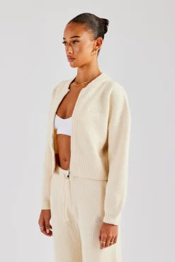 Women CLO-TOP-OUT-KTW Knitted Zip Front Bomber - Oatmeal