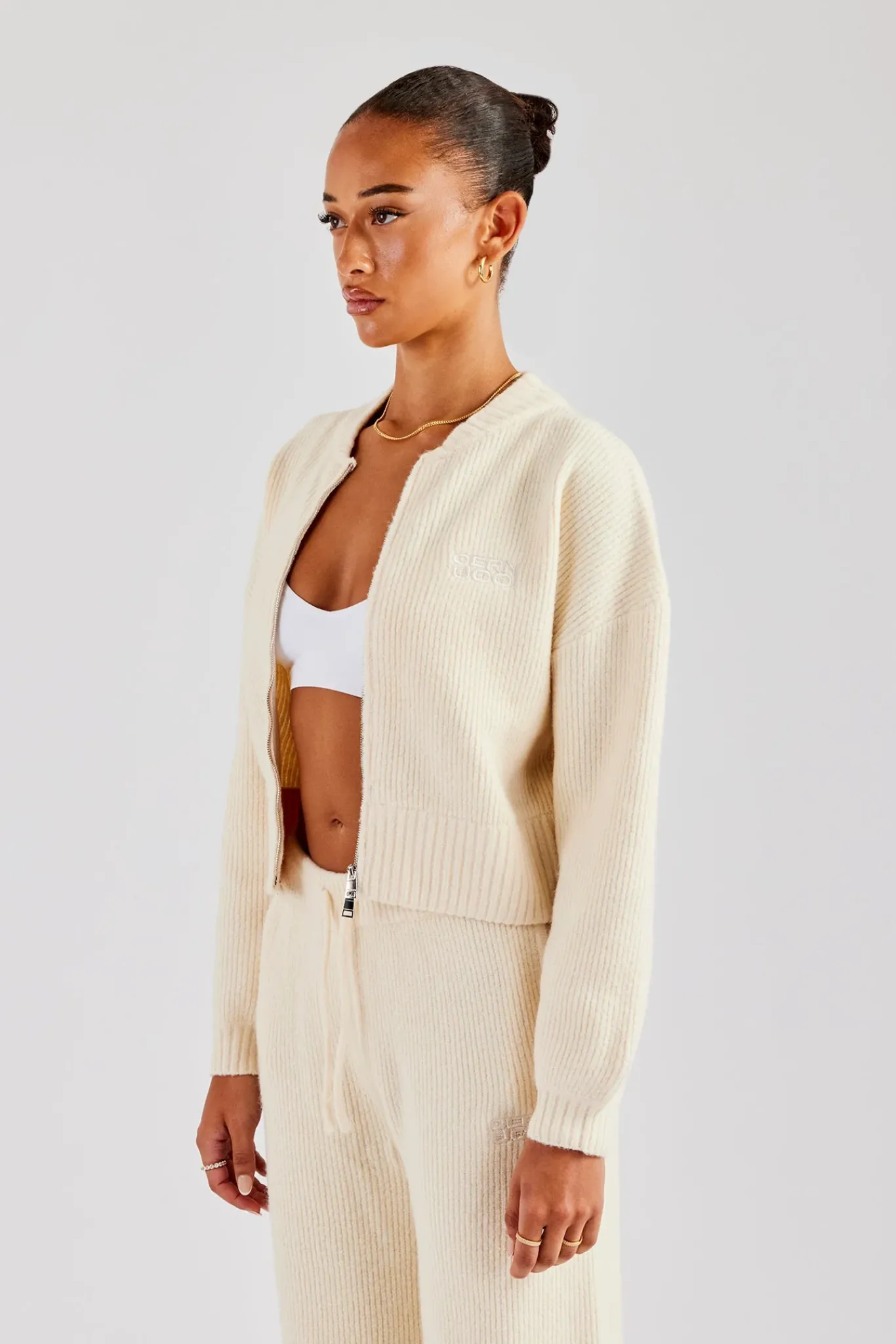 Women CLO-TOP-OUT-KTW Knitted Zip Front Bomber - Oatmeal