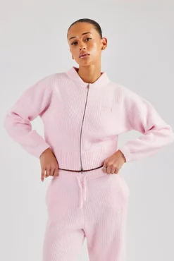 Women CLO-TOP-KTW Knitted Zip Front Bomber - Baby Pink