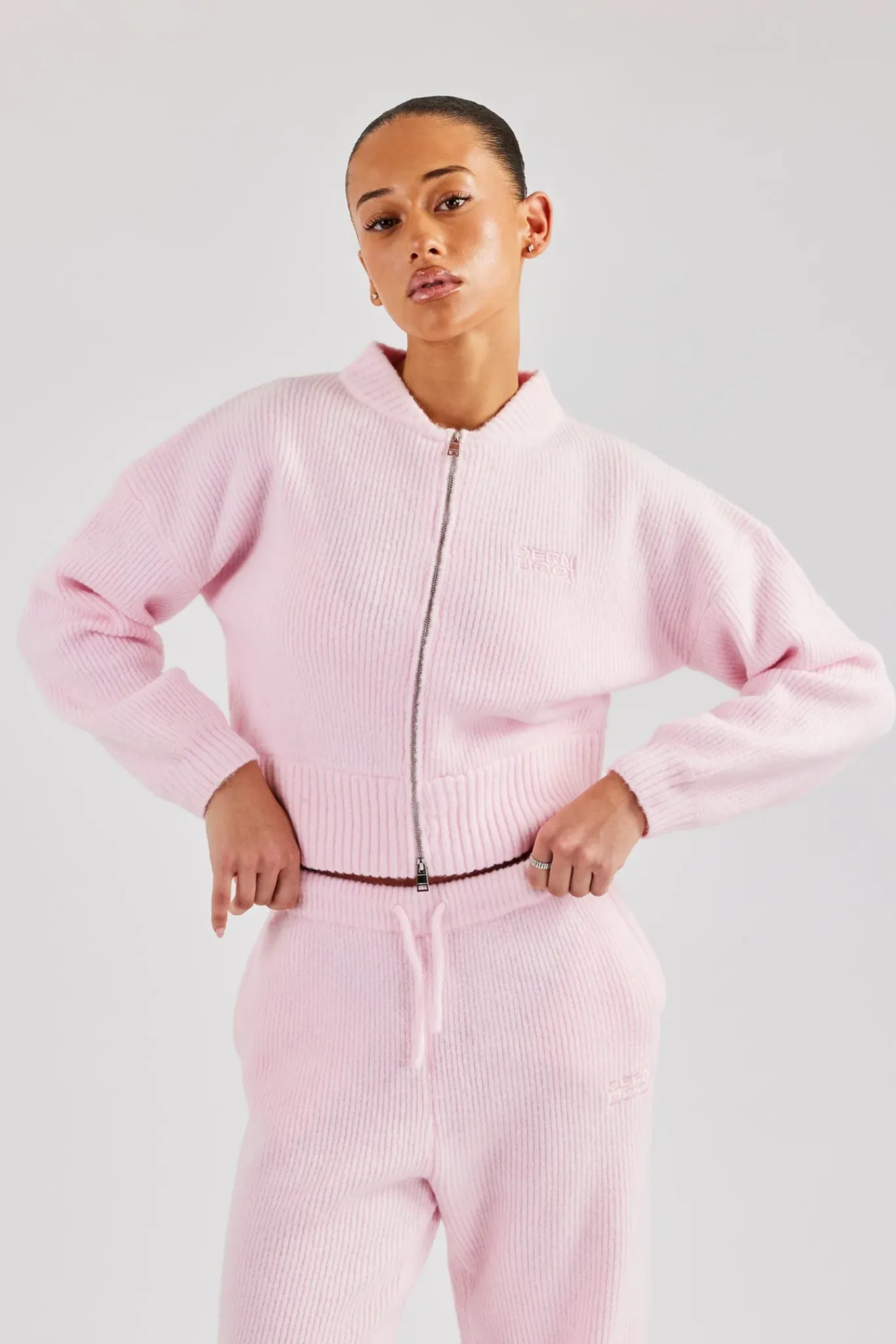 Women CLO-TOP-KTW Knitted Zip Front Bomber - Baby Pink