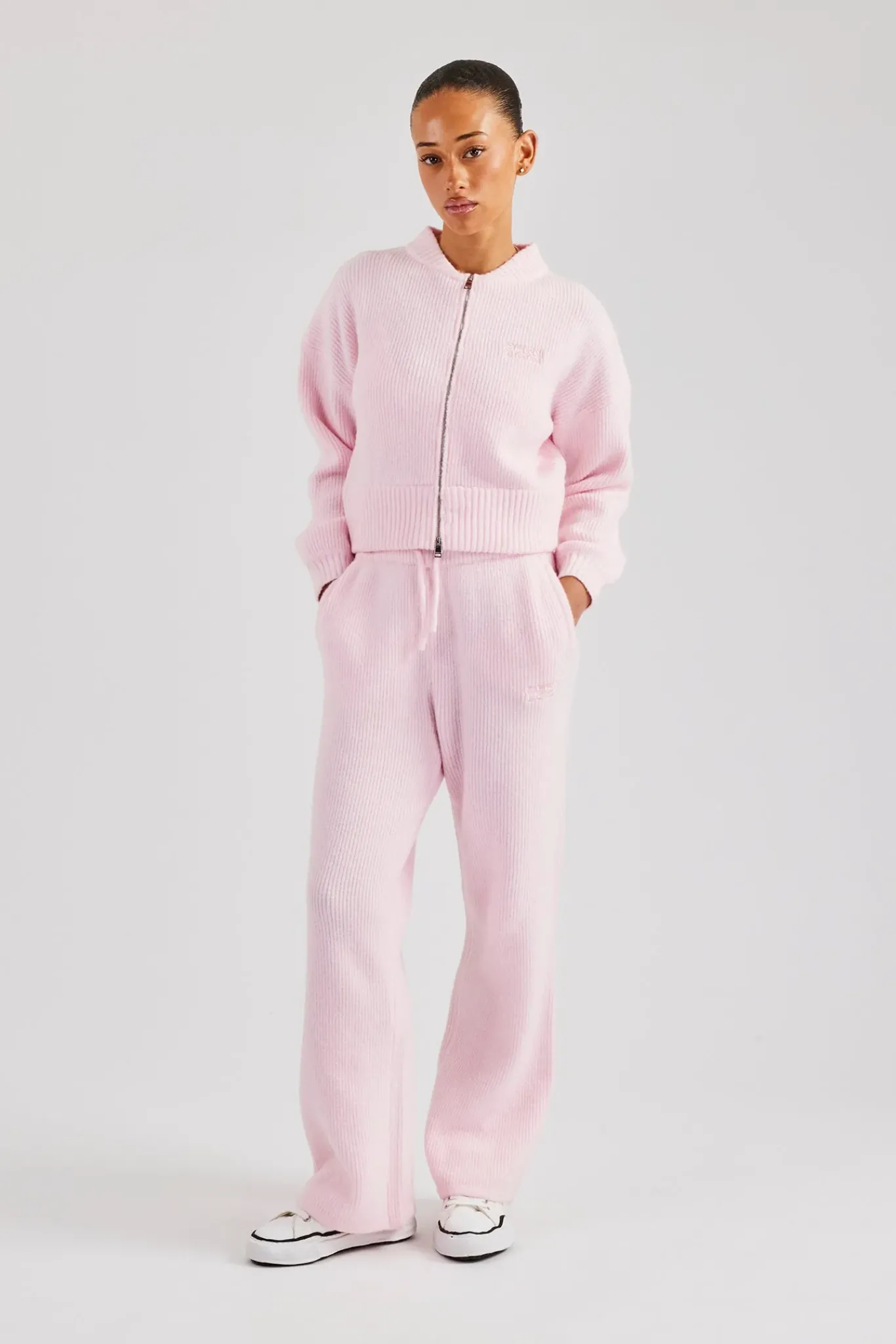 Women CLO-TOP-KTW Knitted Zip Front Bomber - Baby Pink