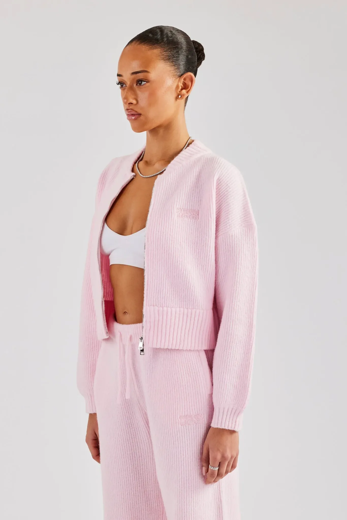 Women CLO-TOP-KTW Knitted Zip Front Bomber - Baby Pink