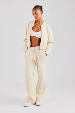 Women CLO-SET-KTW Knitted Zip Front Bomber and Jogger - Oatmeal