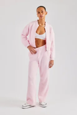 Women CLO-SET-KTW Knitted Zip Front Bomber & Straight Leg Trouser - Baby Pink
