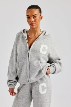 Women CLO-TOP-HS-HOOD-KTW Knitted Zip Through Hoodie - Light Grey