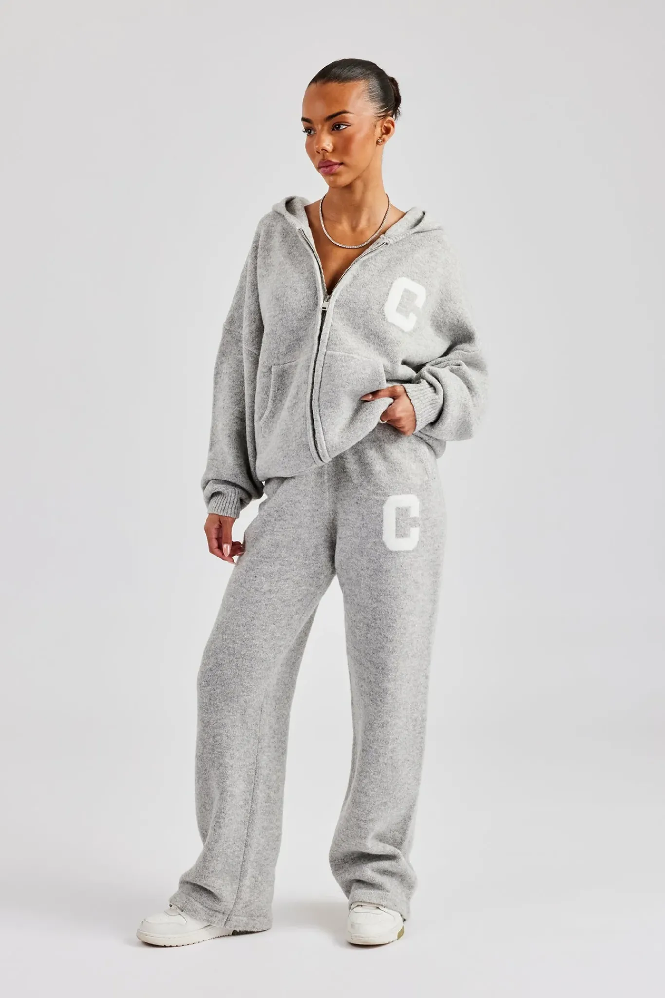 Women CLO-TOP-HS-HOOD-KTW Knitted Zip Through Hoodie - Light Grey