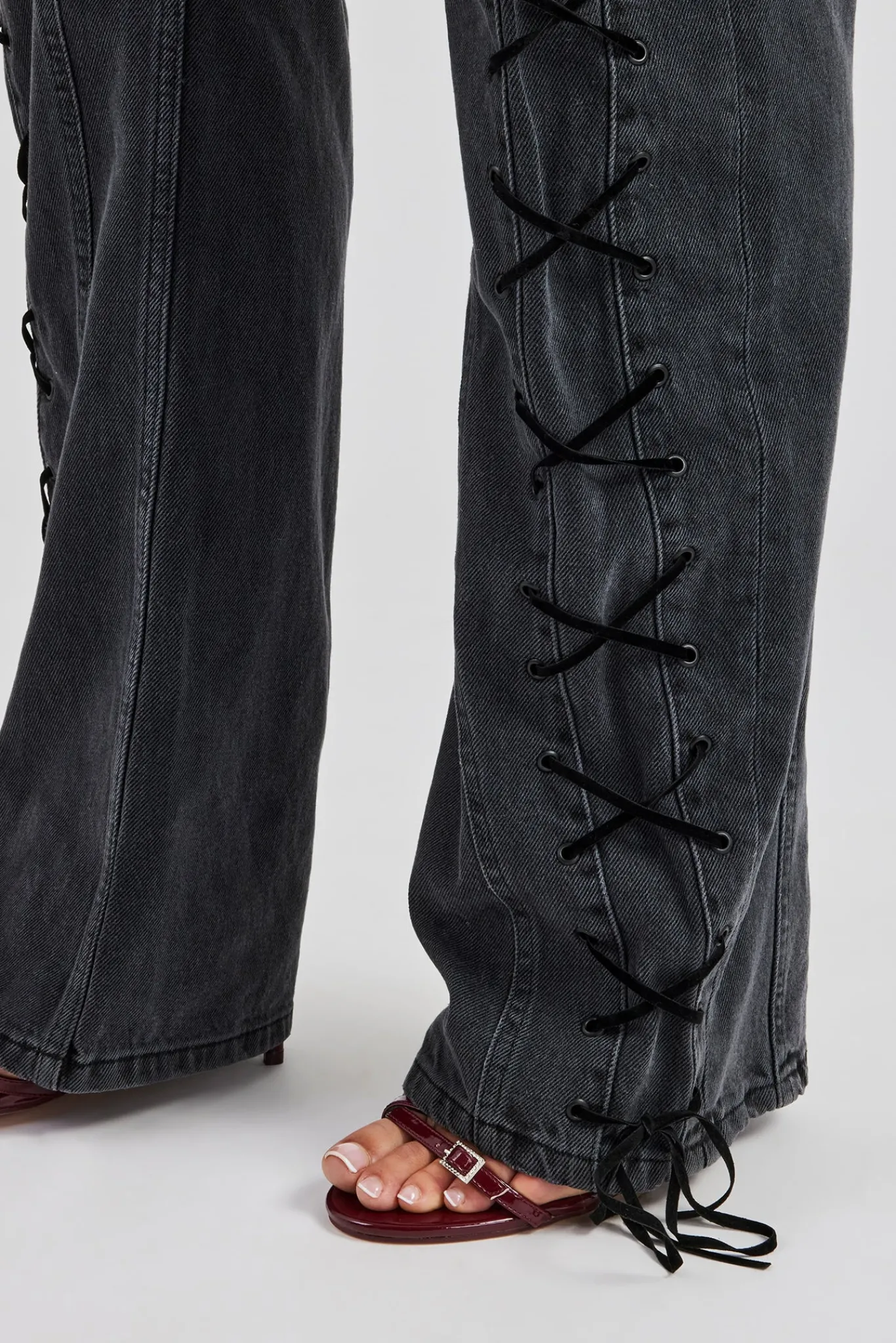 Women CLO-BOT-TRO Lace Up Detail Relaxed Denim Jean - Washed Black