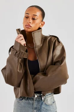 Women CLO-TOP-OUT Ladies Cropped Faux Leather Trench Coat - Brown