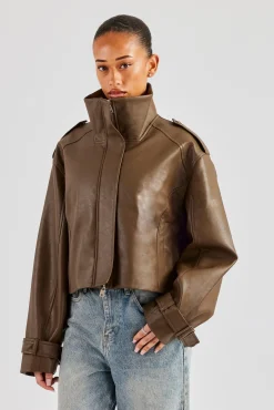 Women CLO-TOP-OUT Ladies Cropped Faux Leather Trench Coat - Brown