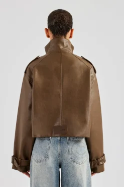 Women CLO-TOP-OUT Ladies Cropped Faux Leather Trench Coat - Brown