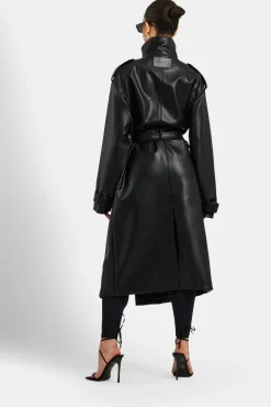 Women CLO-TOP-OUT Ladies Faux Leather Trench Coat - Black