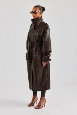 Women CLO-TOP-OUT Ladies Faux Leather Trench Coat - Chocolate