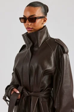 Women CLO-TOP-OUT Ladies Faux Leather Trench Coat - Chocolate