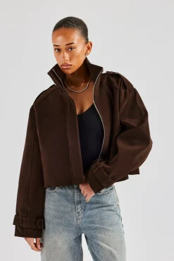 Women CLO-TOP-OUT Ladies Faux Suede Cropped Trench Coat - Chocolate