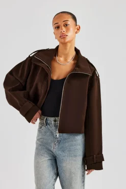 Women CLO-TOP-OUT Ladies Faux Suede Cropped Trench Coat - Chocolate