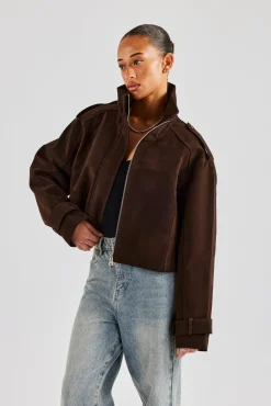 Women CLO-TOP-OUT Ladies Faux Suede Cropped Trench Coat - Chocolate