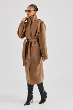 Women CLO-TOP-OUT Ladies Faux Suede Trench Coat - Tan