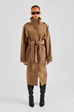 Women CLO-TOP-OUT Ladies Faux Suede Trench Coat - Tan