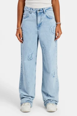 Women CLO-BOT-DEN Ladies Raw Edge Applique Cross Baggy Jean - Ice Blue